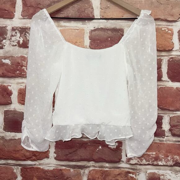 Lulus Crop Top Women's Extra Small White Swiss Dot Chic Ruffle Casual Shirt - Picture 4 of 8